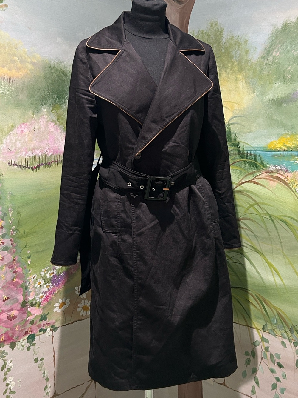 Y2K St Vincent Cynthia Vincent Black Contrast Piping Trench Coat. Size P